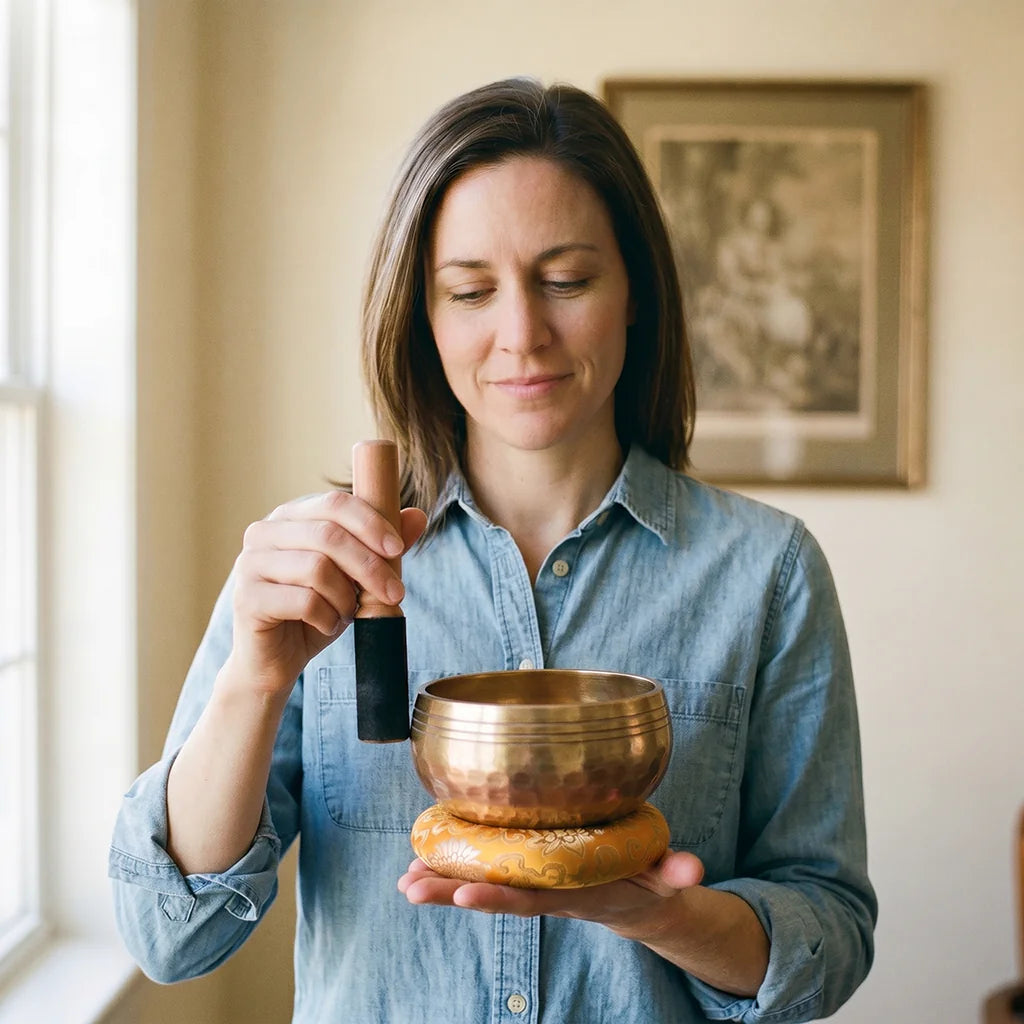 Chloe Bennett testimonial, holding the singing bowl on a saffron cushion, chambray shirt