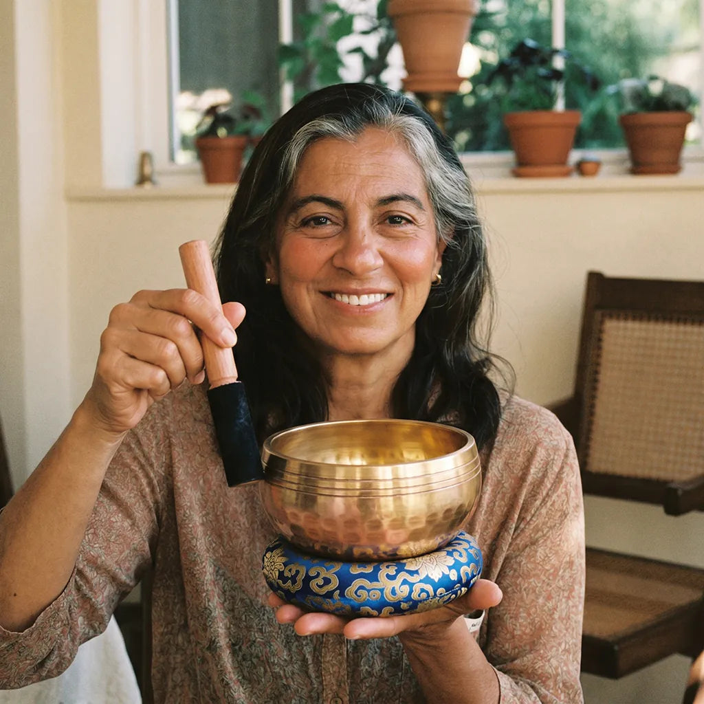 Vanessa H. testimonial, holding the singing bowl on a royal-blue cushion, paisley blouse, sunroom