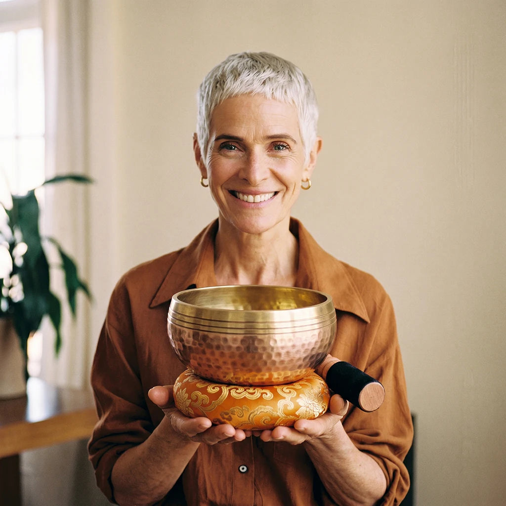 Teresa N. testimonial, mid-60s woman with silver crop holding the singing bowl on an amber cushion