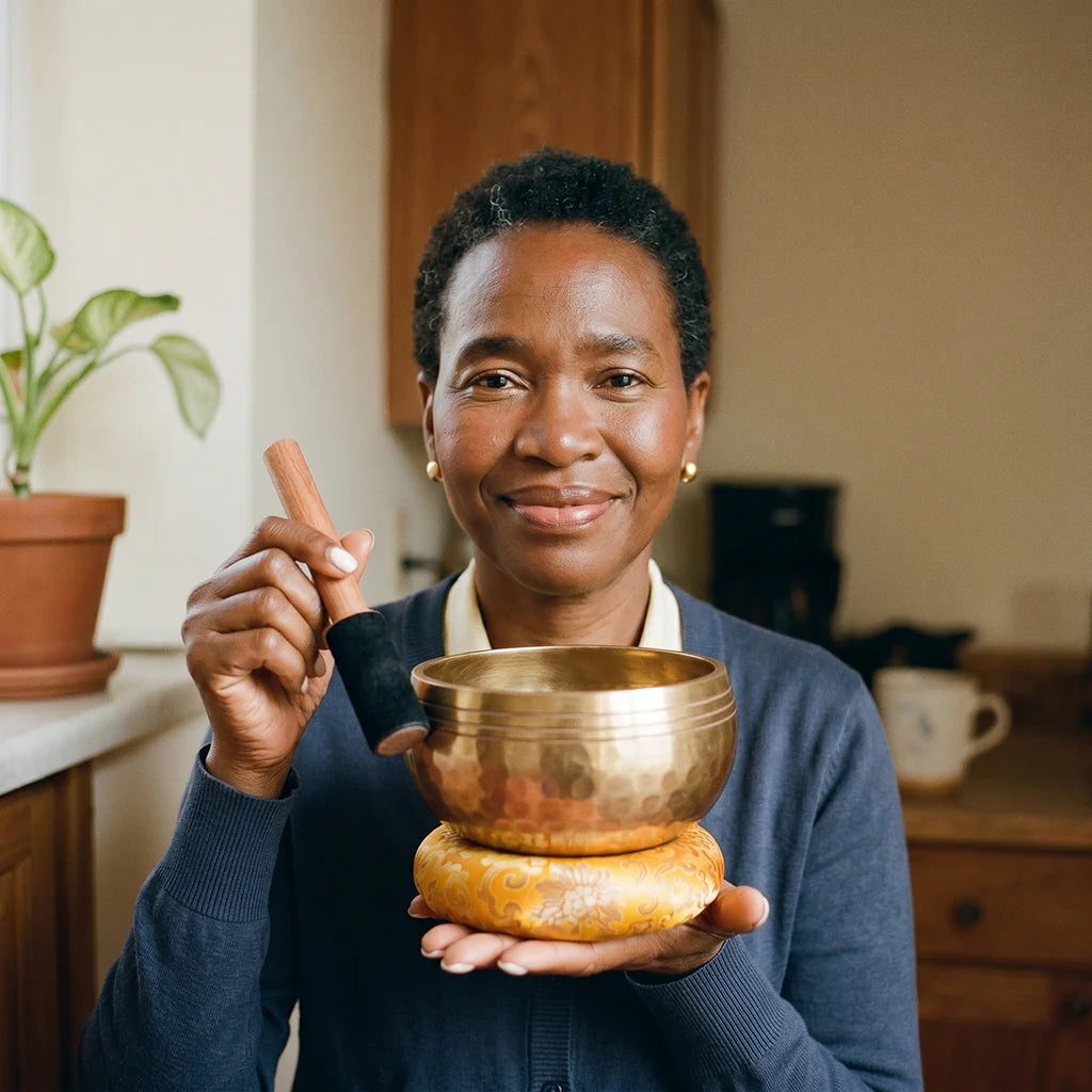 Naomi P. testimonial, early-50s woman in a kitchen, striking the singing bowl on a saffron cushion