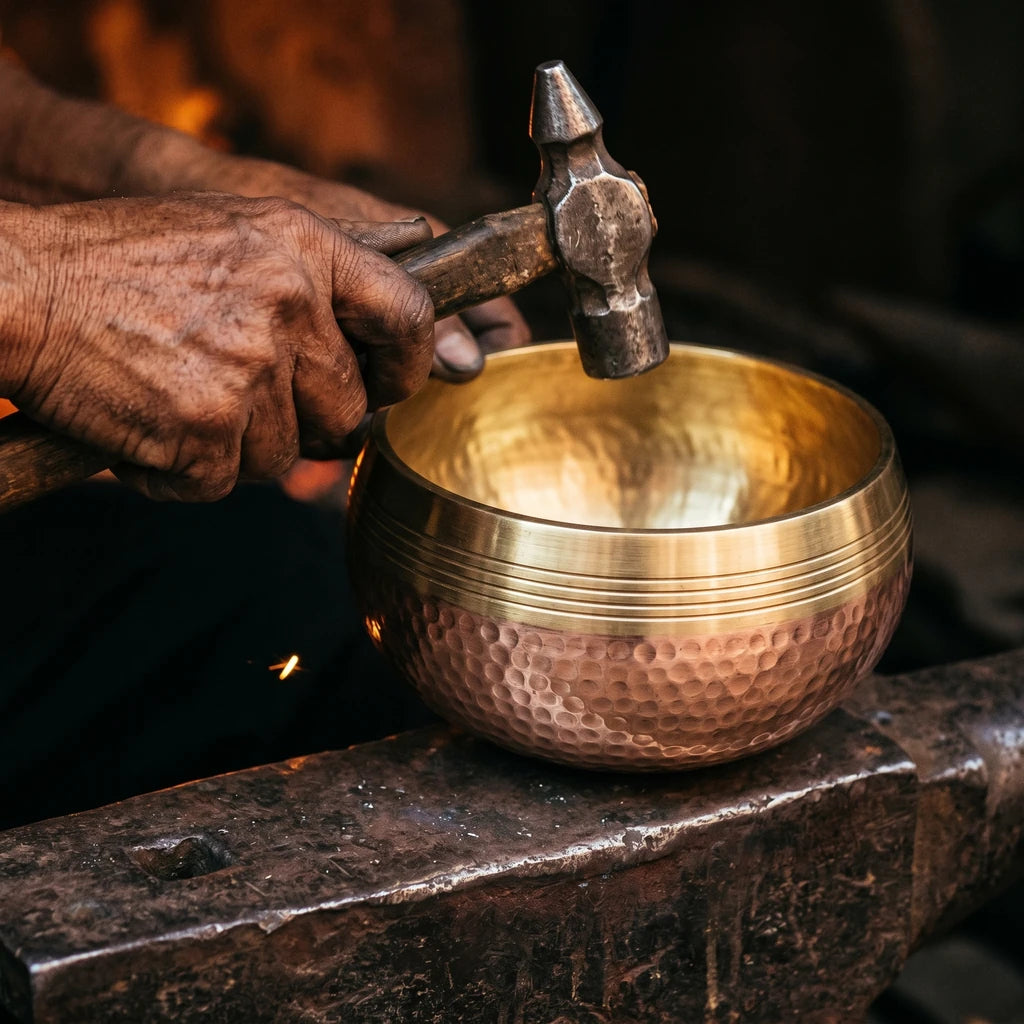 Multicolumn icon hand-hammering — complete singing bowl on anvil, two-tone finish with lathe rings