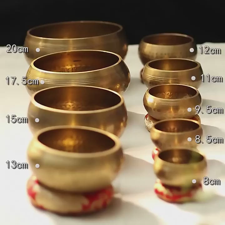 Side-by-side comparison of the five Kyimolung handcrafted singing bowl sizes (8 cm to 20 cm).