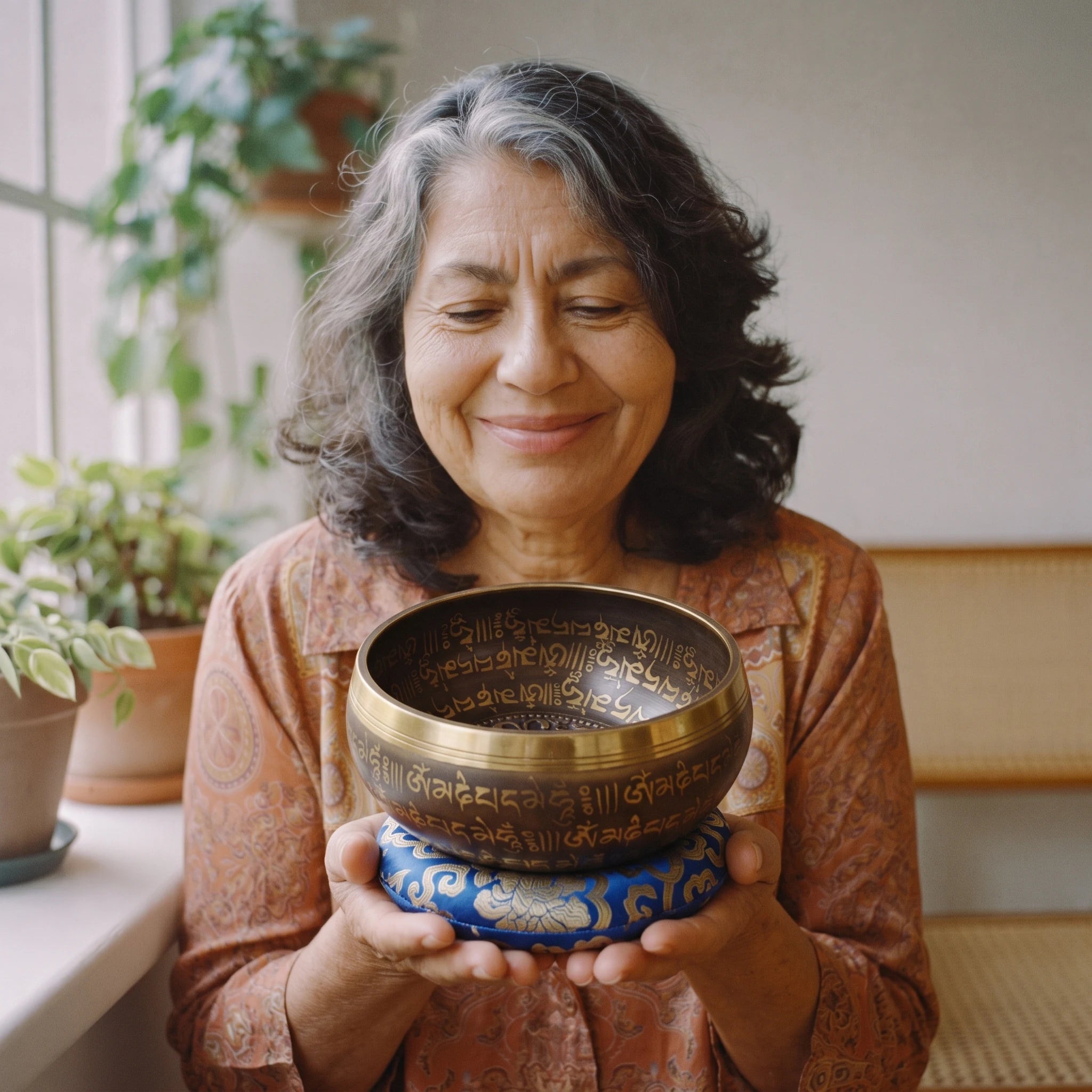 Scripture-Dark singing bowl PDP 03b_slider_vanessa_h.with_bowl_paisley_blue