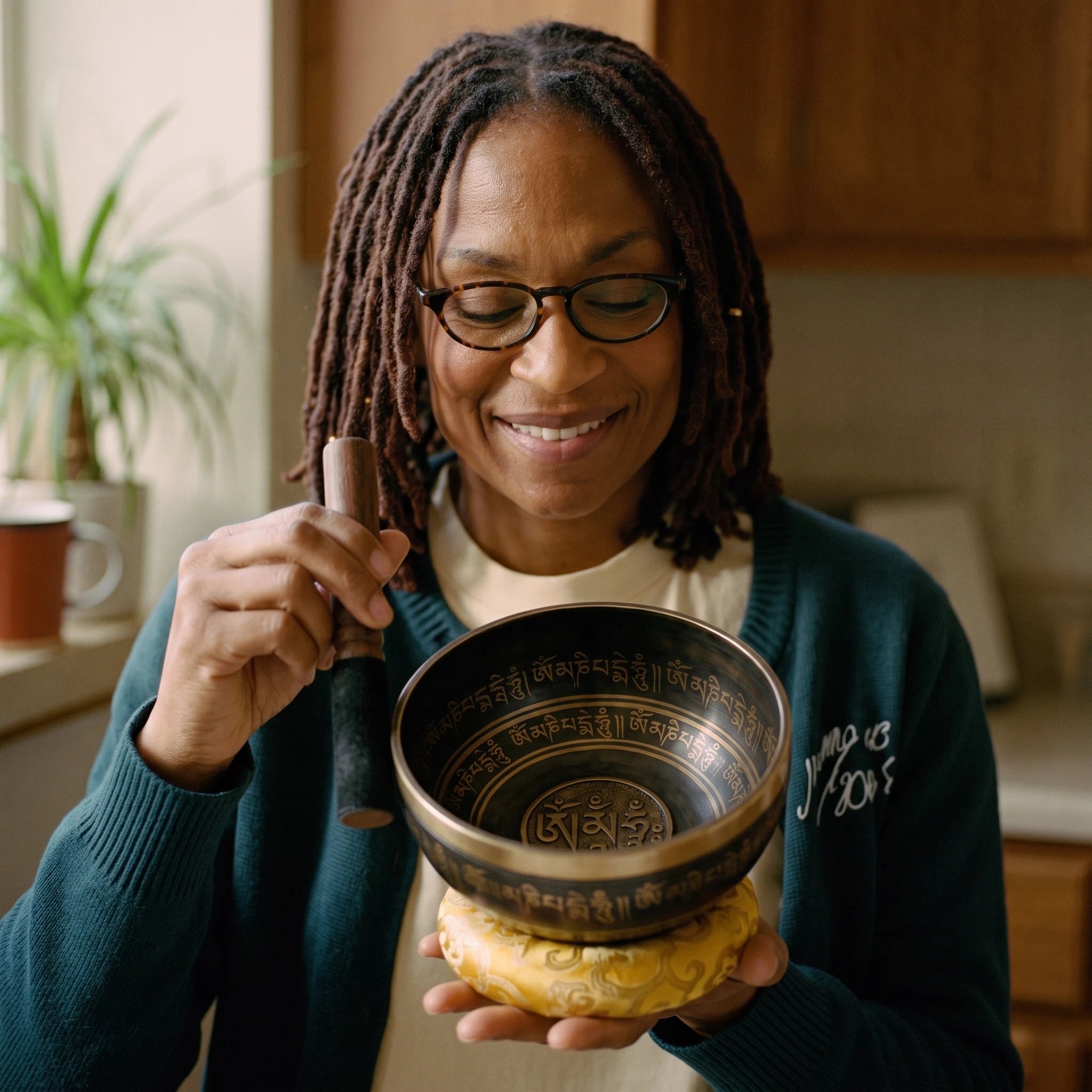 Scripture-Dark singing bowl PDP 03g_slider_naomi_p.with_bowl_saffron_demo